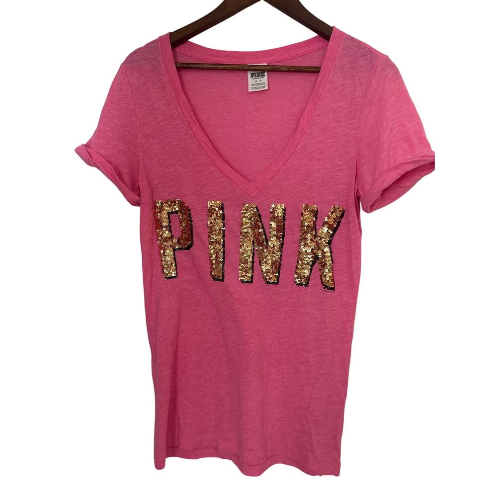 Victoria's Secret Pink Vneck Cuffed Sleeves Pink Tshirt Size M